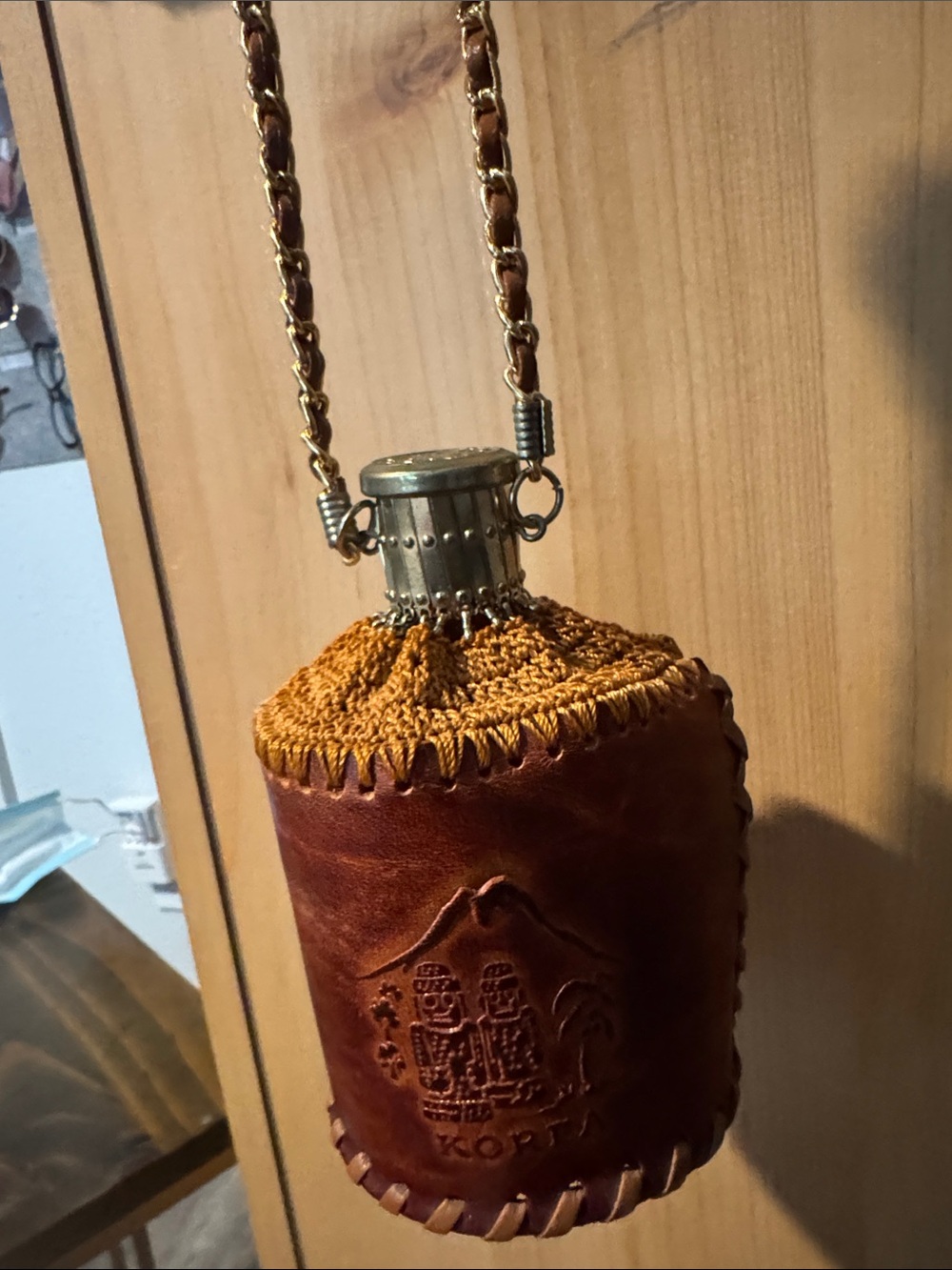 Brown Leather Crochet-Top Crossbody Flask Pouch - Mustard Accent